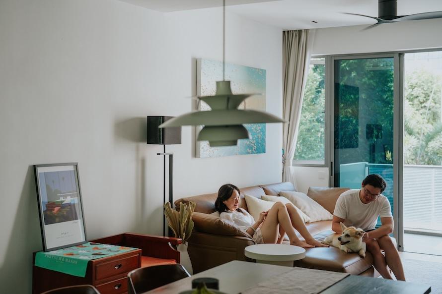 relaxing home pre wedding with dog